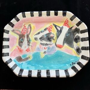 Bunny’s Tea Party “Handmade Ceramic 8 Sided Platter 13”x10”